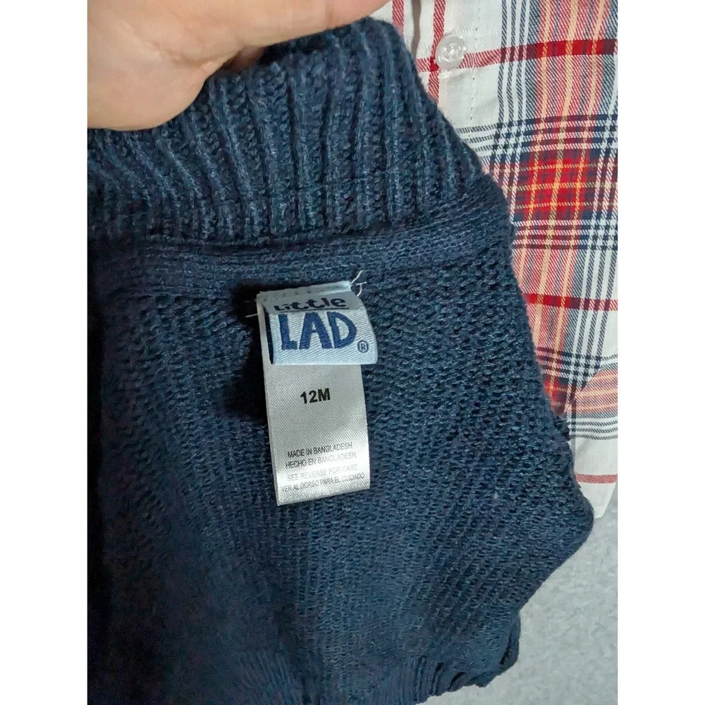 Little Lad Boys 12M Navy Cable Knit Cardigan Plaid Shirt Bow Tie‎ Preppy Dressy